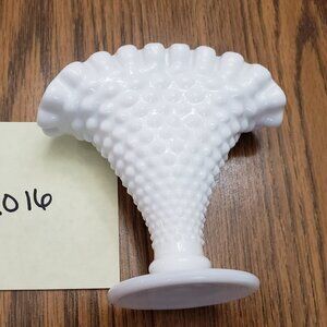 ART MILK GLASS WHITE HOBNAIL SMALL VASE FLUTED FAN